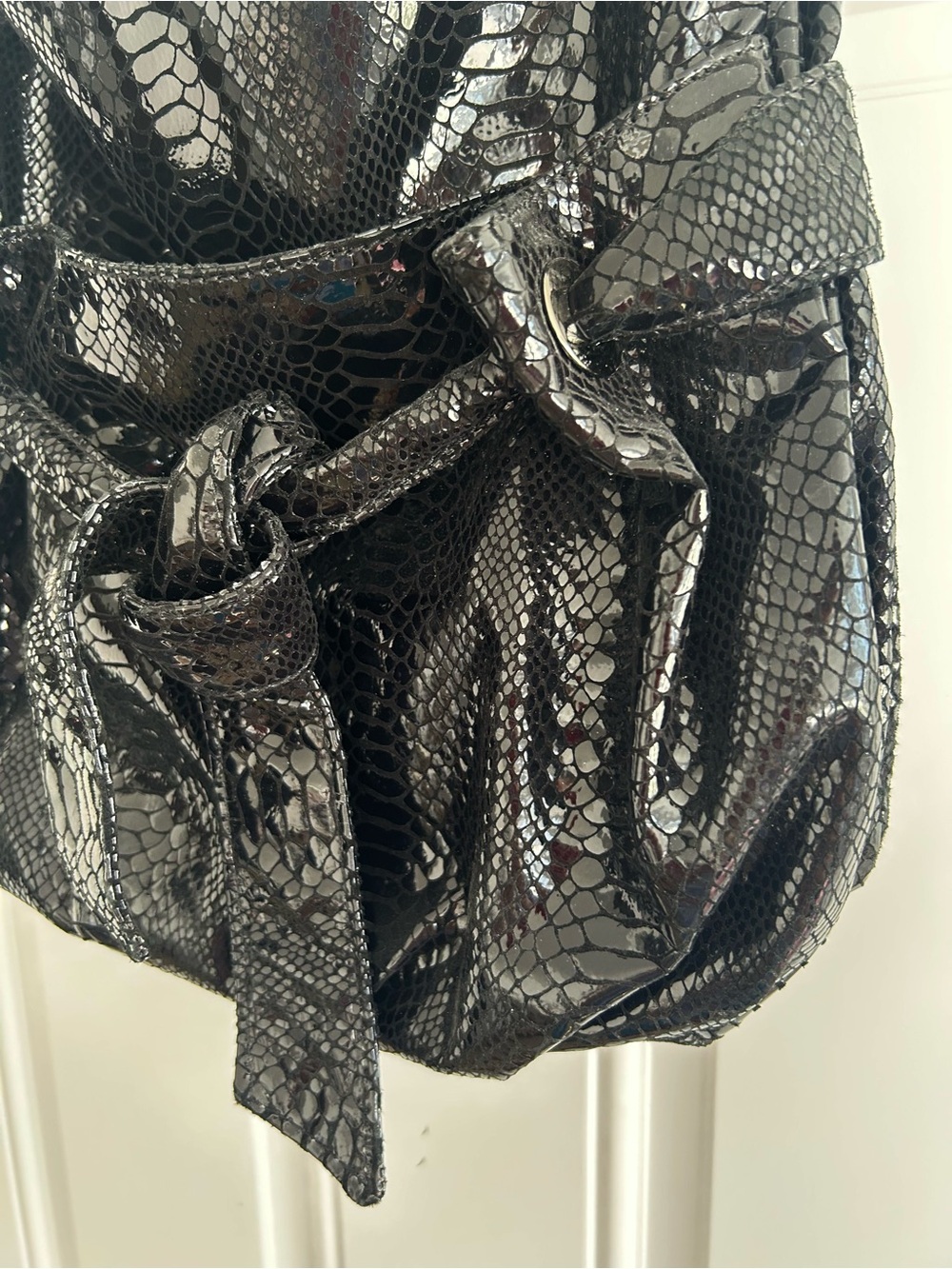 Vintage Y2K Perlina Studio Black Snakeskin Embossed Leather Rope Handle Hobo Bag - Picture 4 of 16